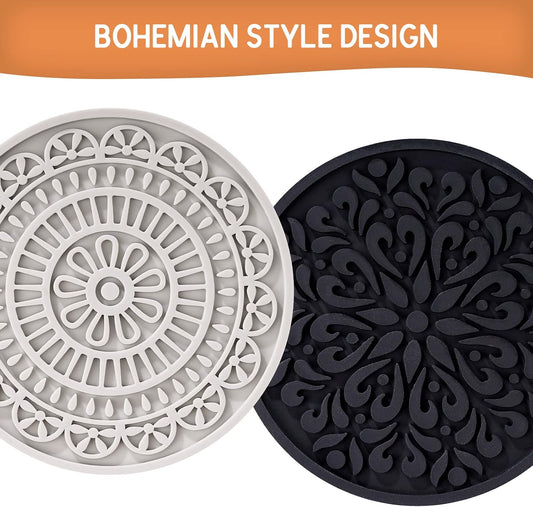 8 Pcs Boho Coasters for Drinks, Silicone Coasters with Holder, Boho Style Grooved Pattern, Tabletop Protection Coaster for Outdoor, Indoor, Coffee Table, Kitchen, Office, Bar, Heat Resistant