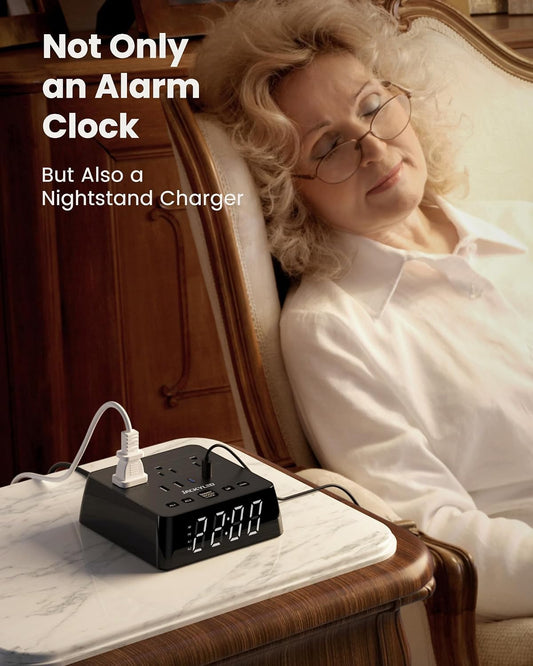 Alarm Clock with 4 USB Chargers, Power Strip 3 Outlets, 1700J