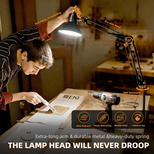 Black Desk Lamp with Clamp, Extra-Tall Adjustable Metal Swing Arm, 5000K