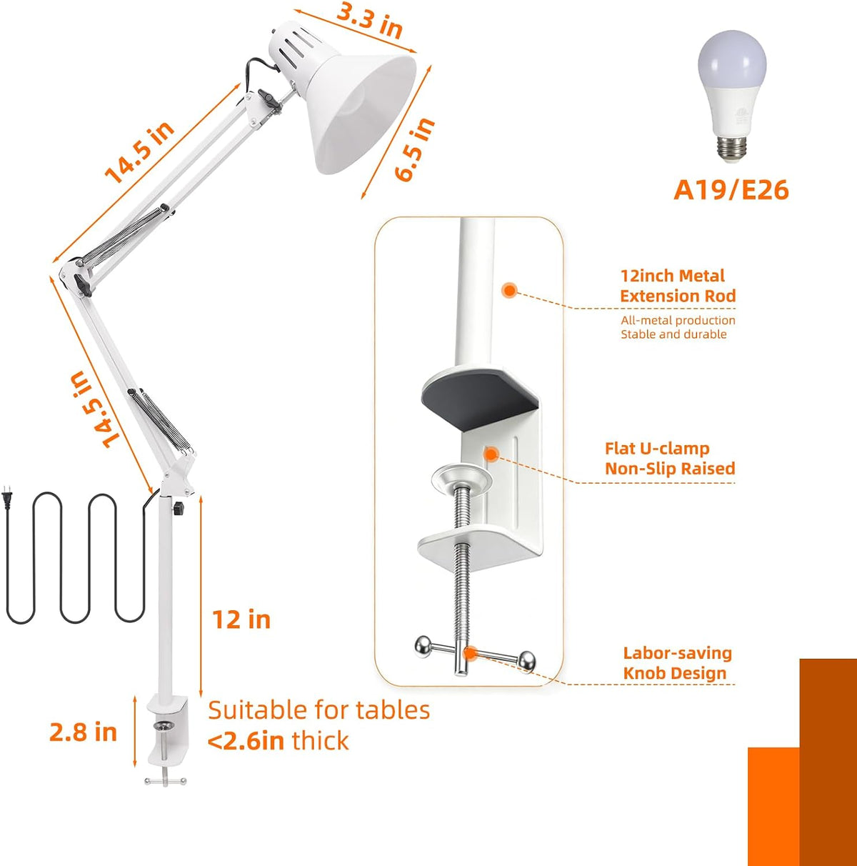 Black Desk Lamp with Clamp, Extra-Tall Adjustable Metal Swing Arm, 5000K