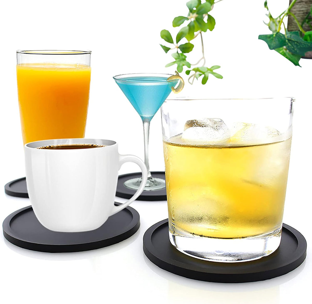 Anti-Slip Reusable Drink Coasters Set - Non Slip Silicone Coasters Protect Desk from Heat and Scratch Damage (4 Pack, Black)