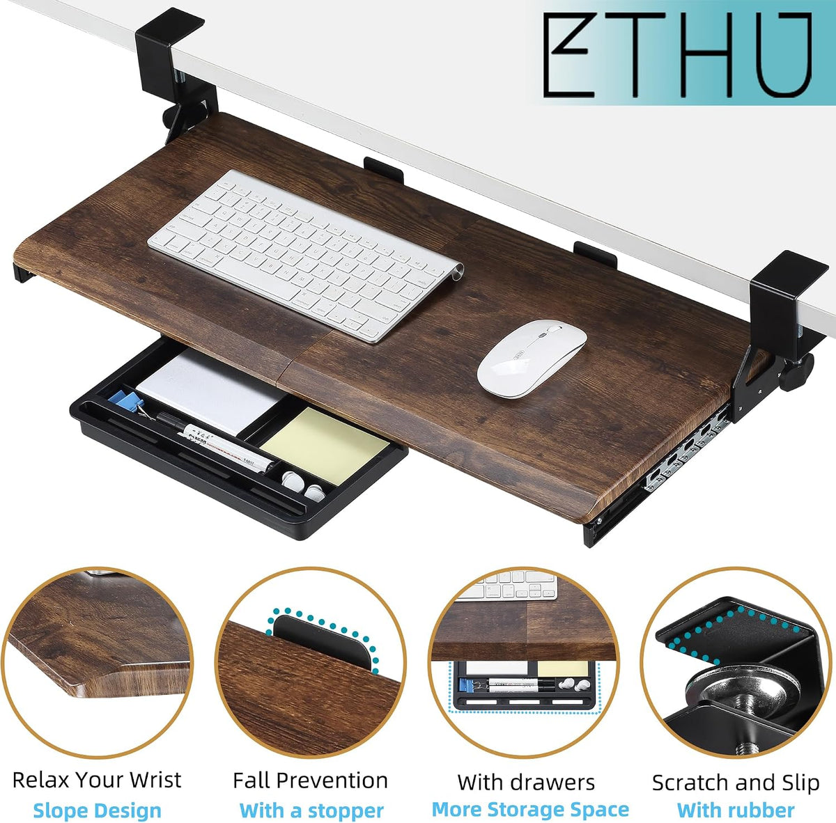 Small Keyboard Tray Under Desk with Metal Rail, 19.7x11.8", Oak