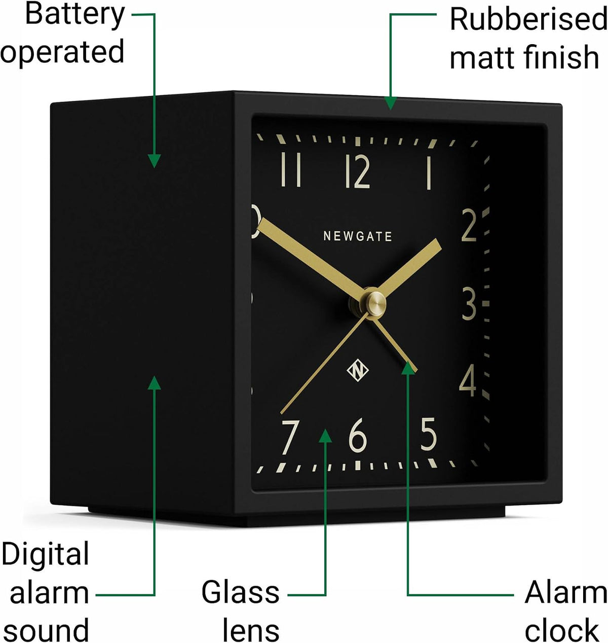 ® Equinox Alarm Clock | Design-led Cube Shaped Modern Alarm | Black | Ideal for Bedside, Desk, Shelf & Mantel | Mid-Century Bedroom & Office Accessory