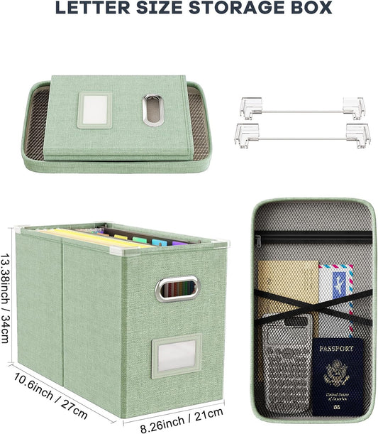 File Organizer Box with Lid, Hanging Filing File Box with Mesh Pocket, Document Organizer Box for Letter Files, Portable Storage Box(Green)