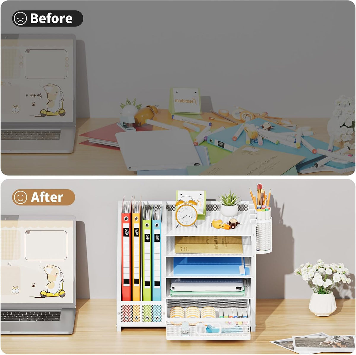 Desk Organizer with File Holder, 5-Tier Paper Letter Tray Organizer with Drawer and 2 Pen Holder, Mesh Desktop Organizer and Storage with Magazine Holder for Office Supplies(Black)