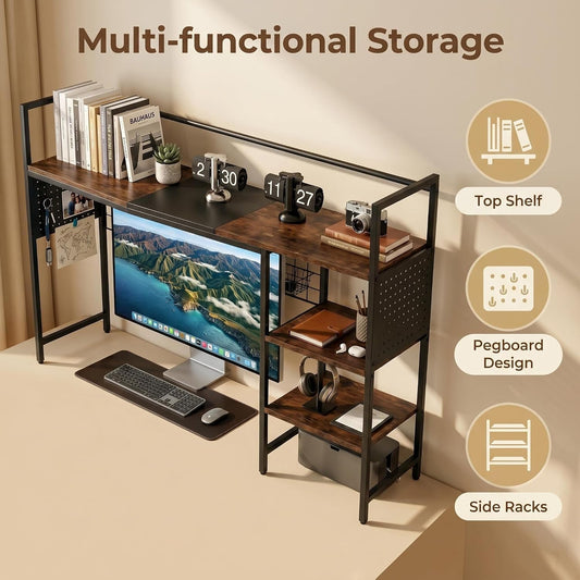 Desk Shelf Organizer with Pegboard & Hooks, Desk Hutch for Computer Monitor, Multi-Tier Wood Desktop Bookshelf Display Rack for Home Office Dorm Room (Vintage Brown, 38.6‘’)