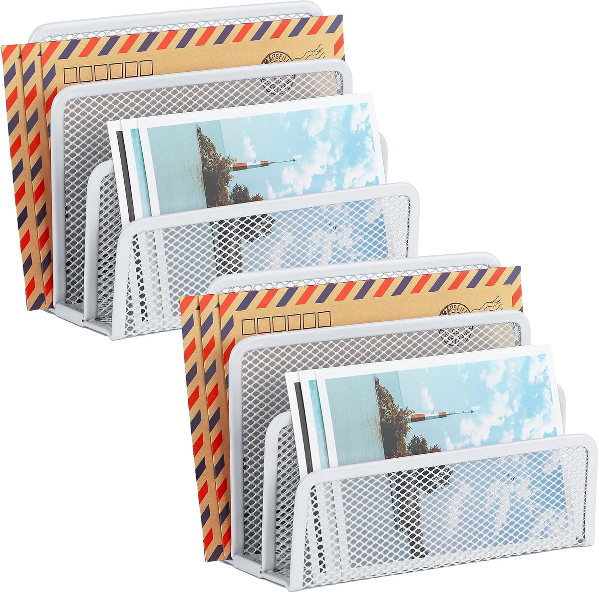Desk Mail Organizer, Office Small Desktop Metal Mesh Envelope Letter Sorter Paper File Holder Organizer with 3 Vertical Upright Compartments, Black