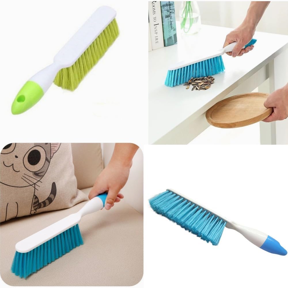 2 Pack Soft Bristle Bed Sheets Sweeping Cleaning Brush with Long Hand, Counter Duster for Debris Hair Remover Desk Quilt Sofa Furniture (Blue, Green)