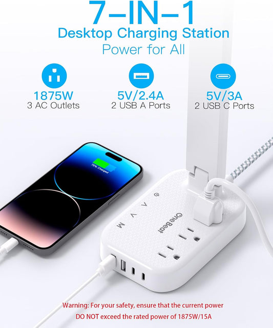 Small LED Desk Lamp Power Strip 5ft Extension Cord with 3 Outlets 4 USB Ports(2 USB C), 4 Modes, 5 Level Touch Lamp Study Reading Light, Home Office Bedroom College Dorm Room Essentials,White