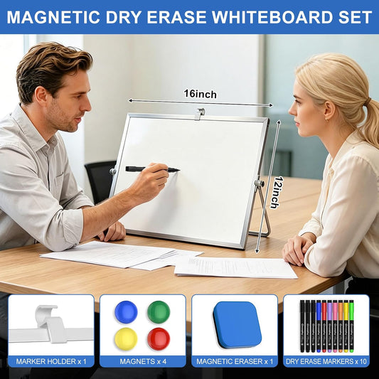Dry Erase White Board with Stand, 16"x12" Double-Sided Magnetic Whiteboard