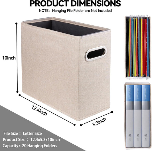 Letter Size File Storage Box Collapsible, Fabric Hanging File Folders Organizer, Portable Office Document Holder with Metal Handle, Smooth PVC Rails, Beige