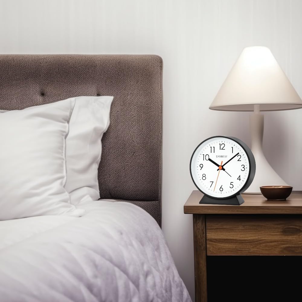 No Ticking Silent Alarm Clock,Easy to Read and Use,Ascending Sound,1 AA Battery Operated,Snooze Light,Bedside Desk Clock,Black