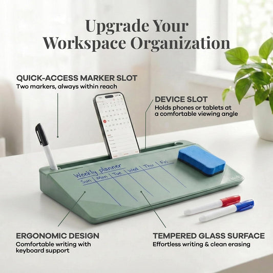 Birch Desktop Glass Whiteboard with Magnetic Weekly Calendar – Dry Erase Board, Keyboard Stand, Hidden Storage, Adjustable Dividers, 3 Markers & Eraser – Office, Home, School – Moss