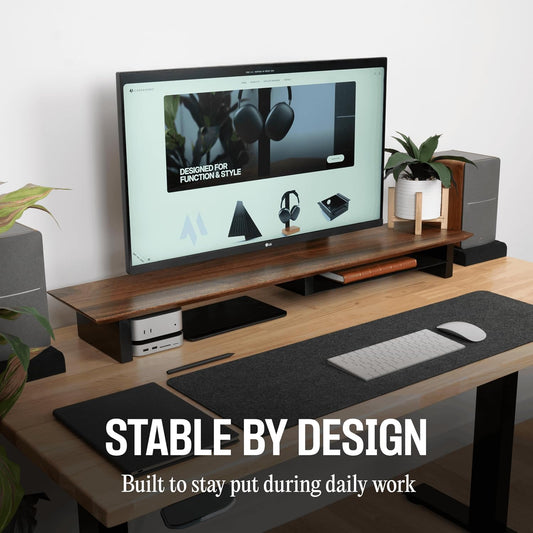 Solid Wood Dual Monitor Stand Riser, 42 Inch Walnut Desk Shelf