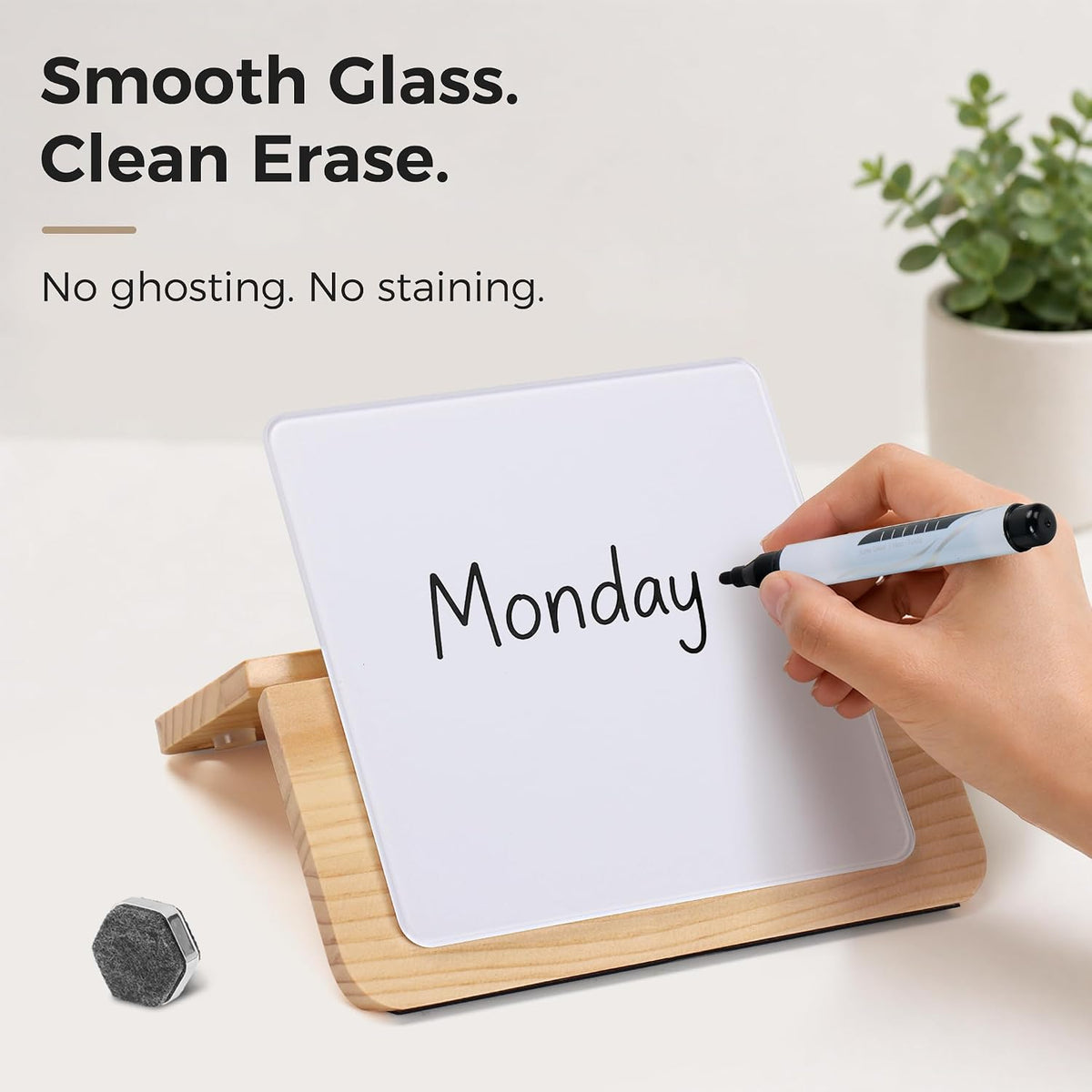 Glass Desktop Whiteboard with Wood Stand, Foldable, Black Round