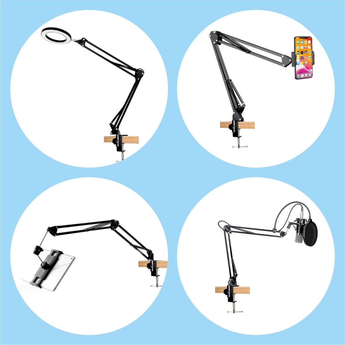 Replacement Heavy Duty C Clamp for 1/2” and 5/8” Hole Base Magnifying Lamp,Desk Lamp,Swing Arm Lamp,Phone I pad Mount,Tablet Mic Holder,Table Mount Clamp for Microphone Stand Mic Boom Arm (G2 BLACK)