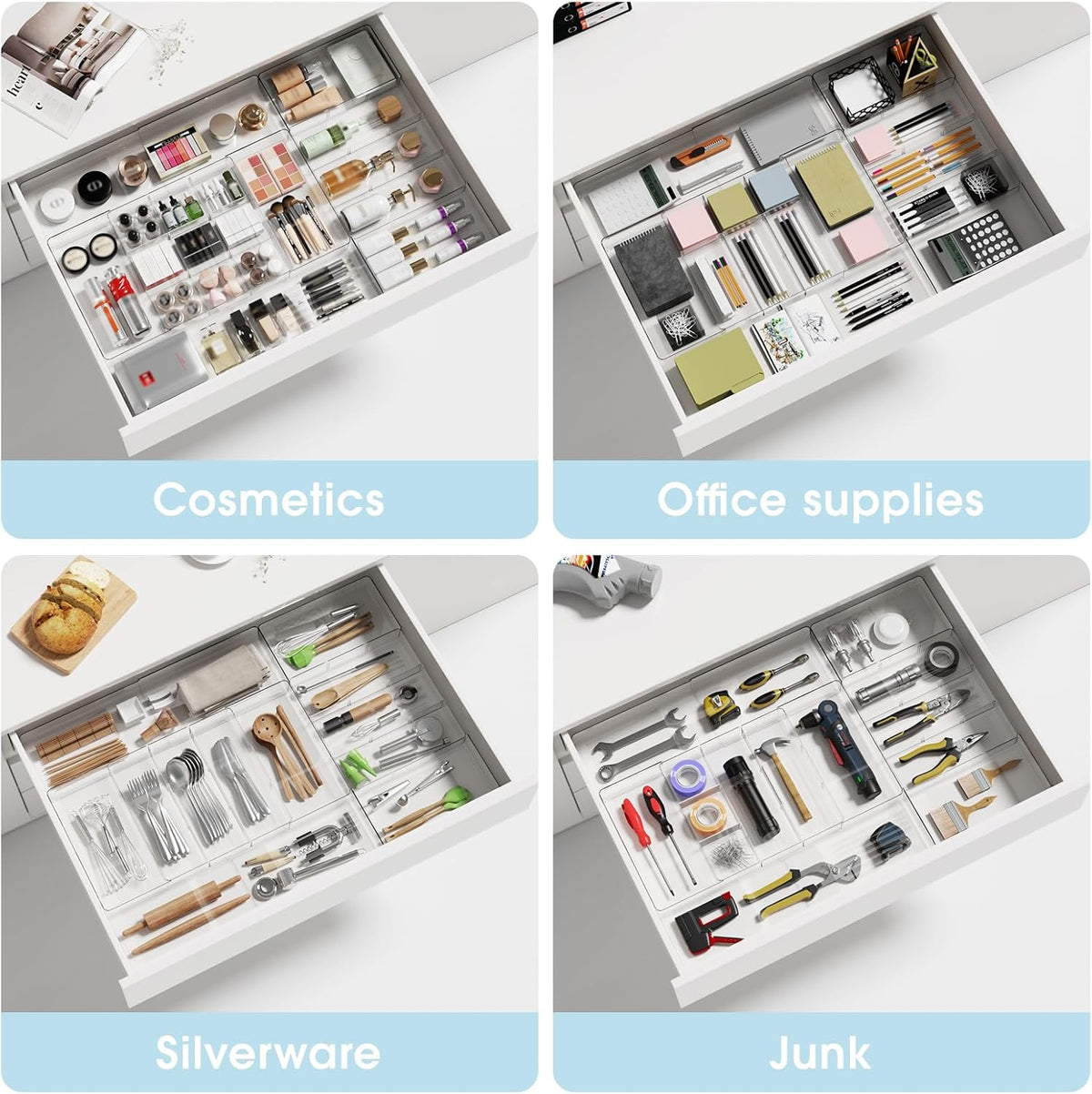 Expandable Makeup Drawer Organizer, Clear Silverware Drawer Organizer Tray.
