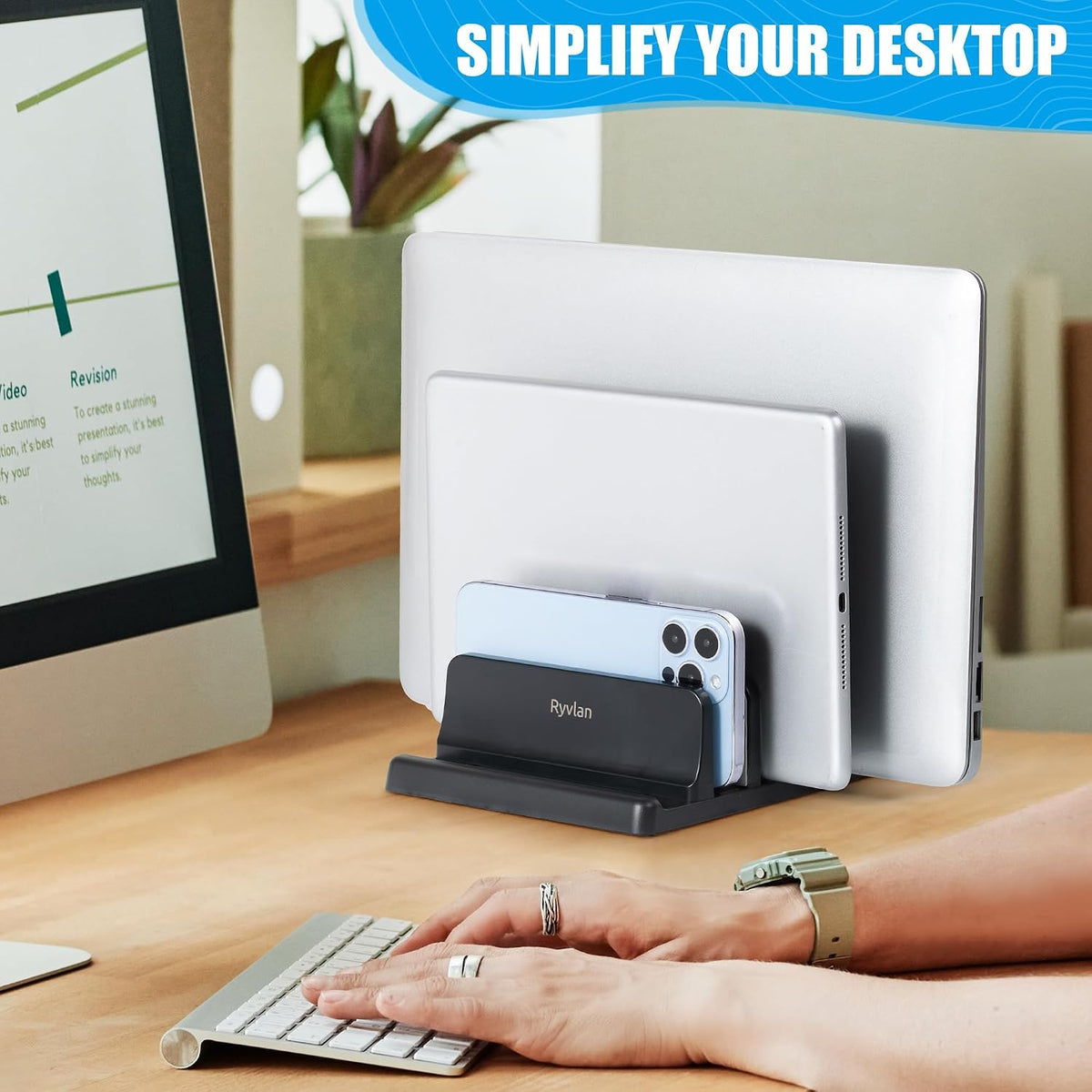 Vertical Laptop Stand, 3 Slot Adjustable Laptop Storage Rack and Desk Organizer, Silicone-Padded Holder for Multiple Devices Storage, Compatible Stand for Tablets and Devices up to 17 Inches