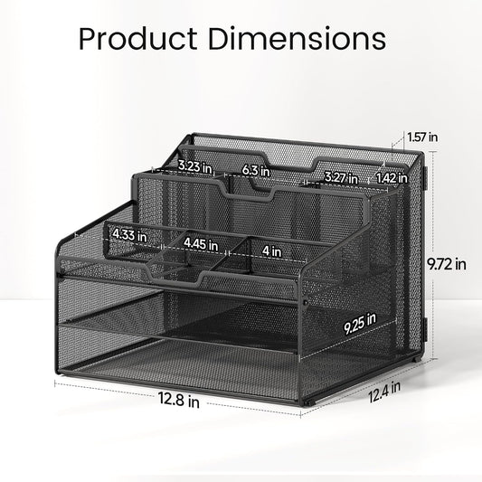 Desk Organizer - Metal Mesh with 2 Paper Letter Trays, 7 Flexible Dividers, 2 Vertical File Holders for Office/Home/Classroom Supplies, Desk Organizers and Accessories, Black