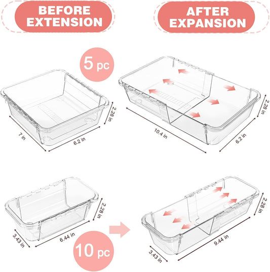15 Pcs Expandable Drawer Organizer, All Adjustable Storage Box, Clear