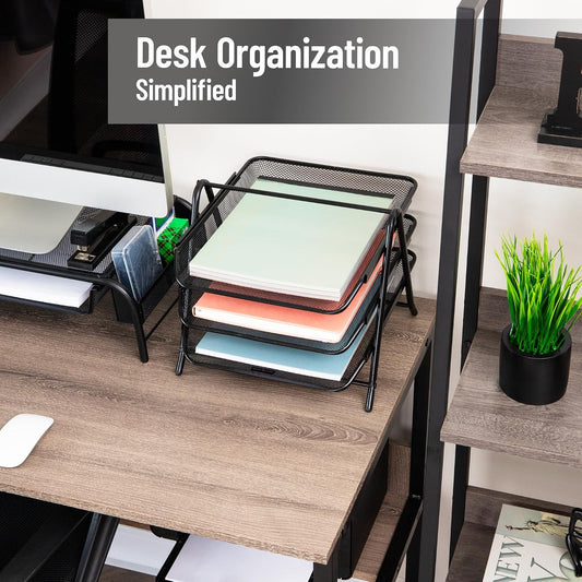 3-Tier Paper Tray, Desktop Organizer, File Storage, Workspace, Office, Metal Mesh, 11.75"L x 13.75"W x 10"H, Black