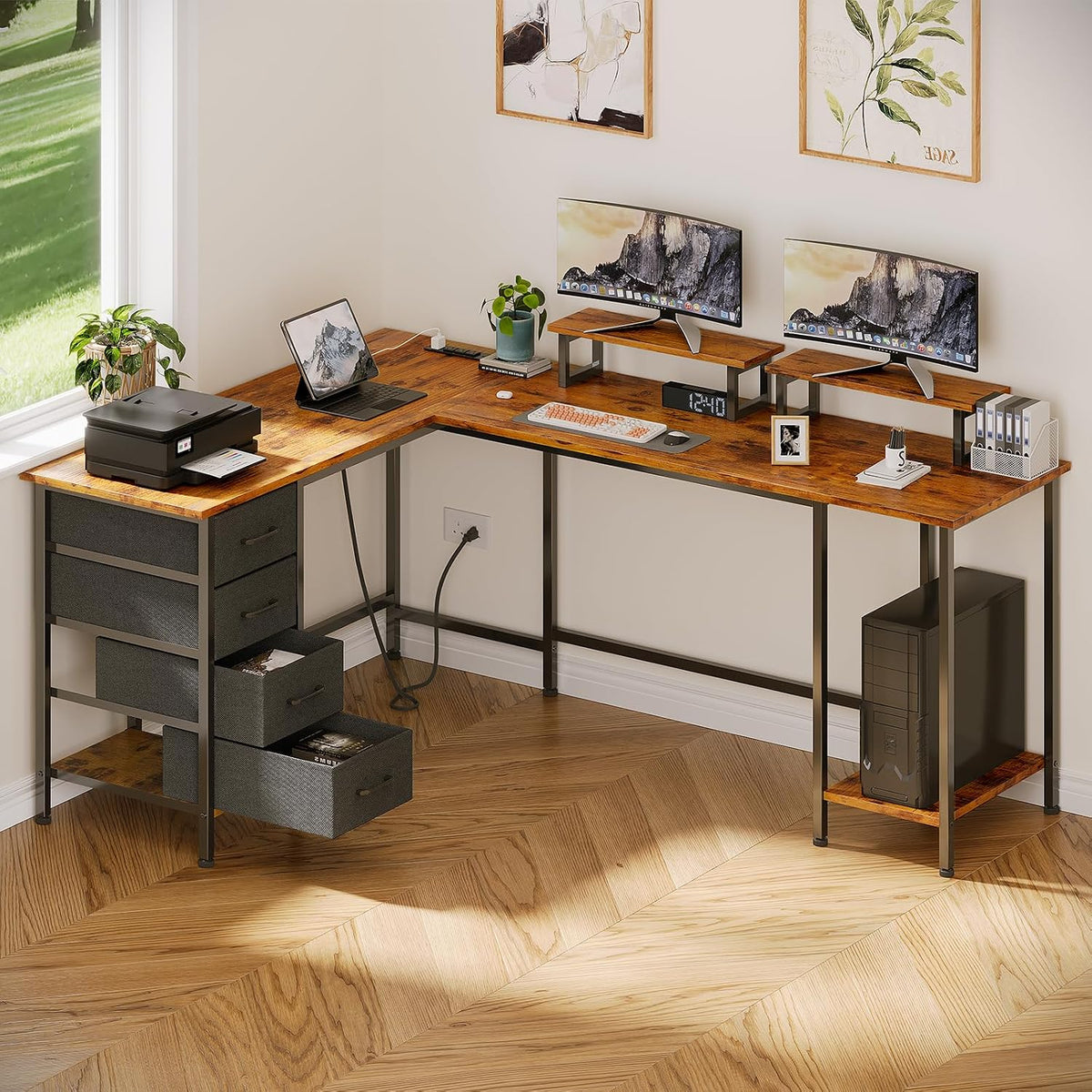 59 inch L Shaped Computer Desk with Power Outlets, Black