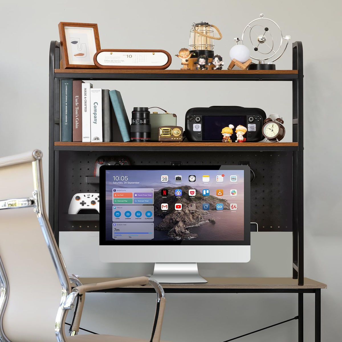 deli Desktop Shelf, Desk Hutch with Metal Pegboard, Black