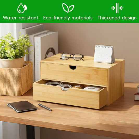 Bamboo Desk Organizer with 2 Drawers, Wooden Countertop Drawers Organizer, Tabletop Storage Organization Box for Office & Home, No Assembly Needed
