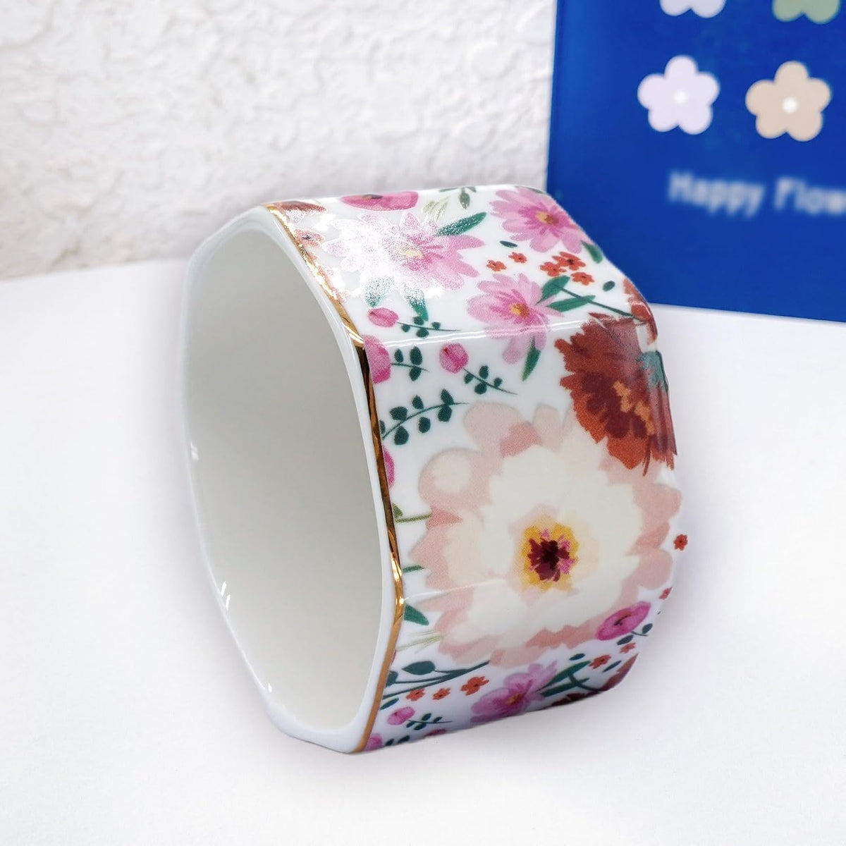 Ceramic Paper Clip Holder Gold Line Paper Clip Dispenser Organizer for Desk Cute Floral Pattern Office Binder Clip Holder Bobby Pin and Hair Clip Holder Gift for Office Mint Flowers
