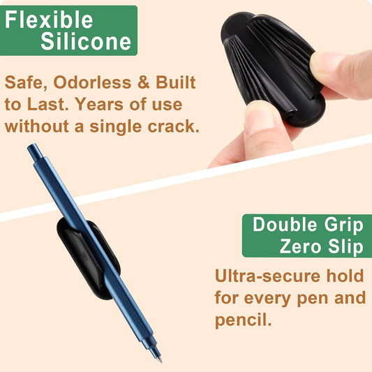 10 Pack Adhesive Pencil Holder for Desk, Silicone Pen Holder for Wall, Clipboard & Laptop with 15 Upgraded Sticky Pads, Rugged Grip Pencil Holders for Classroom Teacher Essentials (Black)