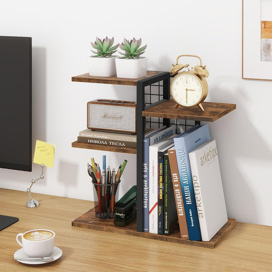 Desktop Shelf Organizer, 4-Tier Wooden Desk Bookshelf, Small Tabletop Book Shelf, Adjustable Display Rack for Home, Office, Dorm, Rustic Brown