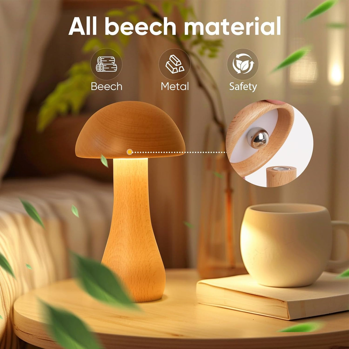 Wooden Small Mushroom Lamp, Touch Switch Cordless Table Lamp for nightstand