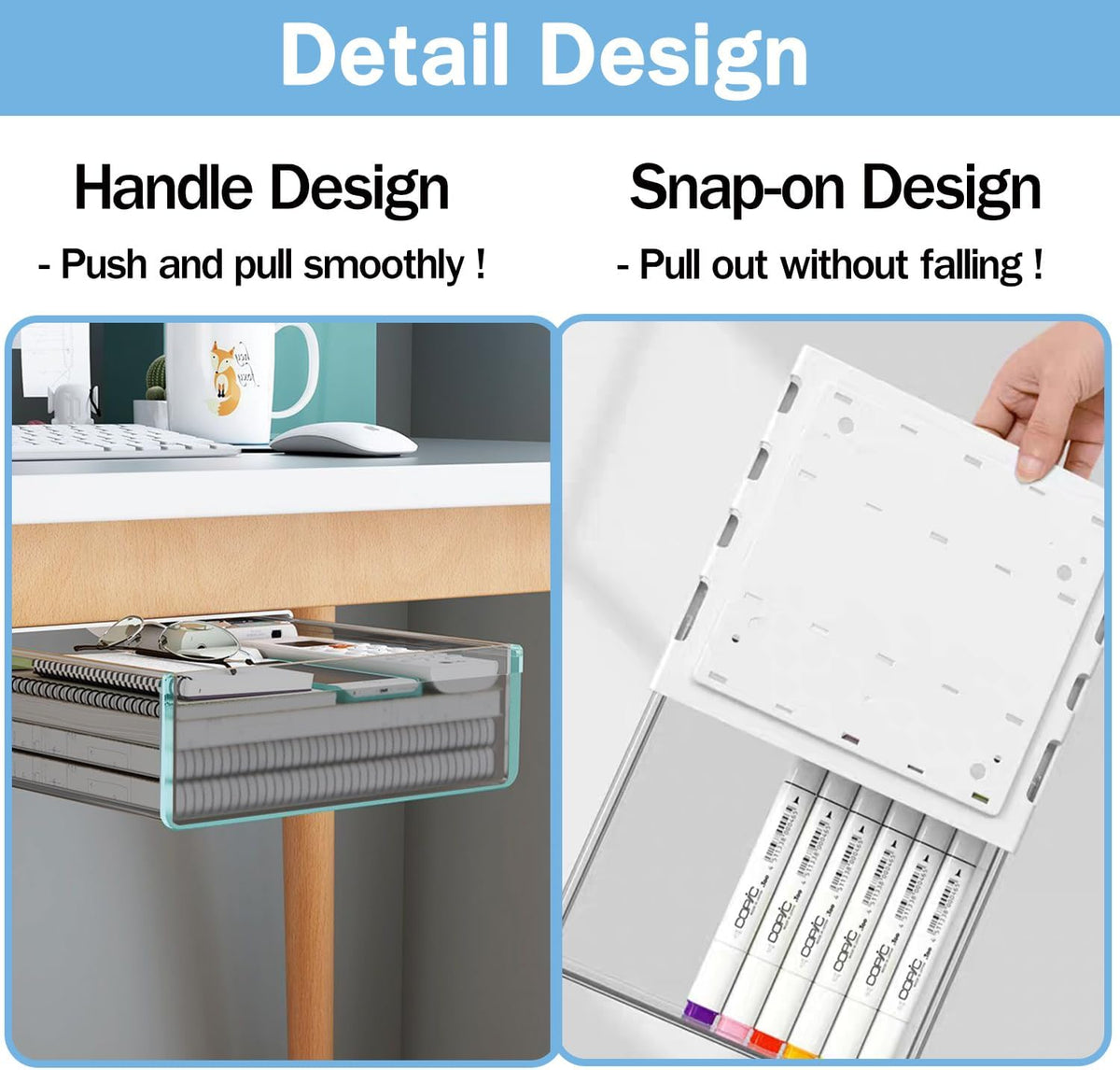 Under Desk Table Drawer Storage Organizer Slide Out, Attachable Hidden Self-Adhesive Under Desk Pencil Tray Drawer for Office/Classroom/Home (Clear Black/M)
