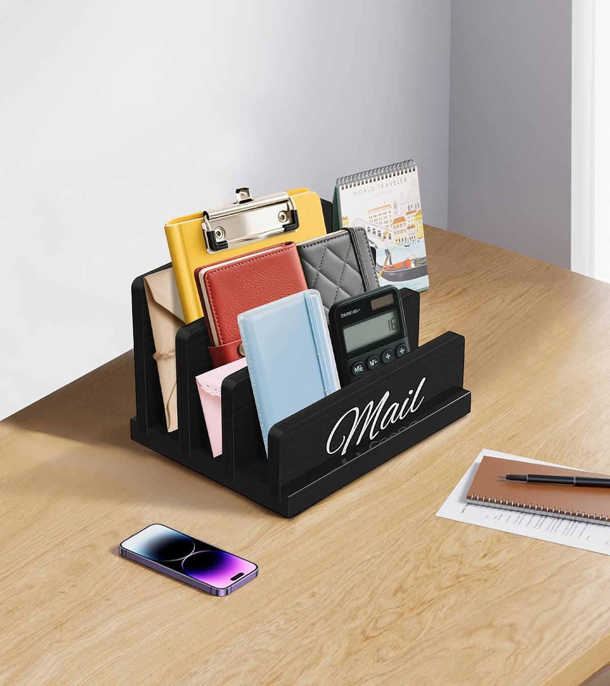 Mail Organizer for Desk, Wooden Mail Holder with Divider, 3-Slot