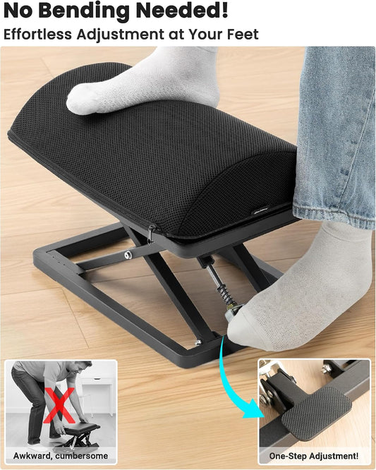 Step-to-Adjust Foot Rest—Truly Infinite Height, No Bending Needed