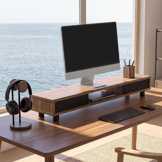 Dual Monitor Stand with Storage, Desk Shelf with Glass Sliding Door