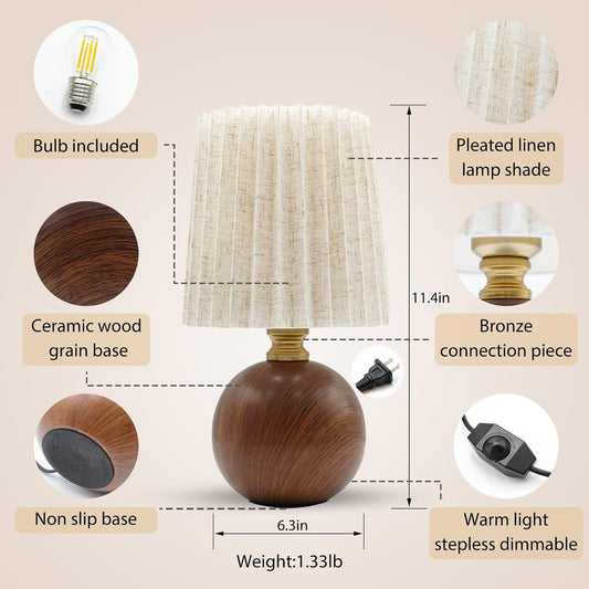 Small Pleated Table Lamp for Bedroom, Bedside Lamps for Nightstand, Dimmable Desk Lamp Ceramic Wood Grain Base Round Flaxen Fabric Shade for Living Room, Kids Room, LED Bulb Included (Modern)