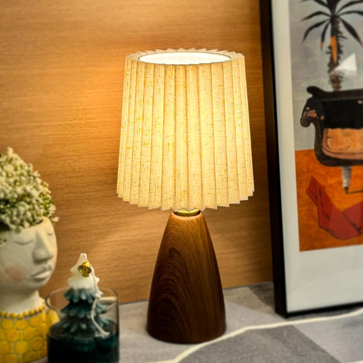 Small Pleated Table Lamp for Bedroom, Bedside Lamps for Nightstand, Dimmable Desk Lamp Ceramic Wood Grain Base Round Flaxen Fabric Shade for Living Room, Kids Room, LED Bulb Included (Modern)
