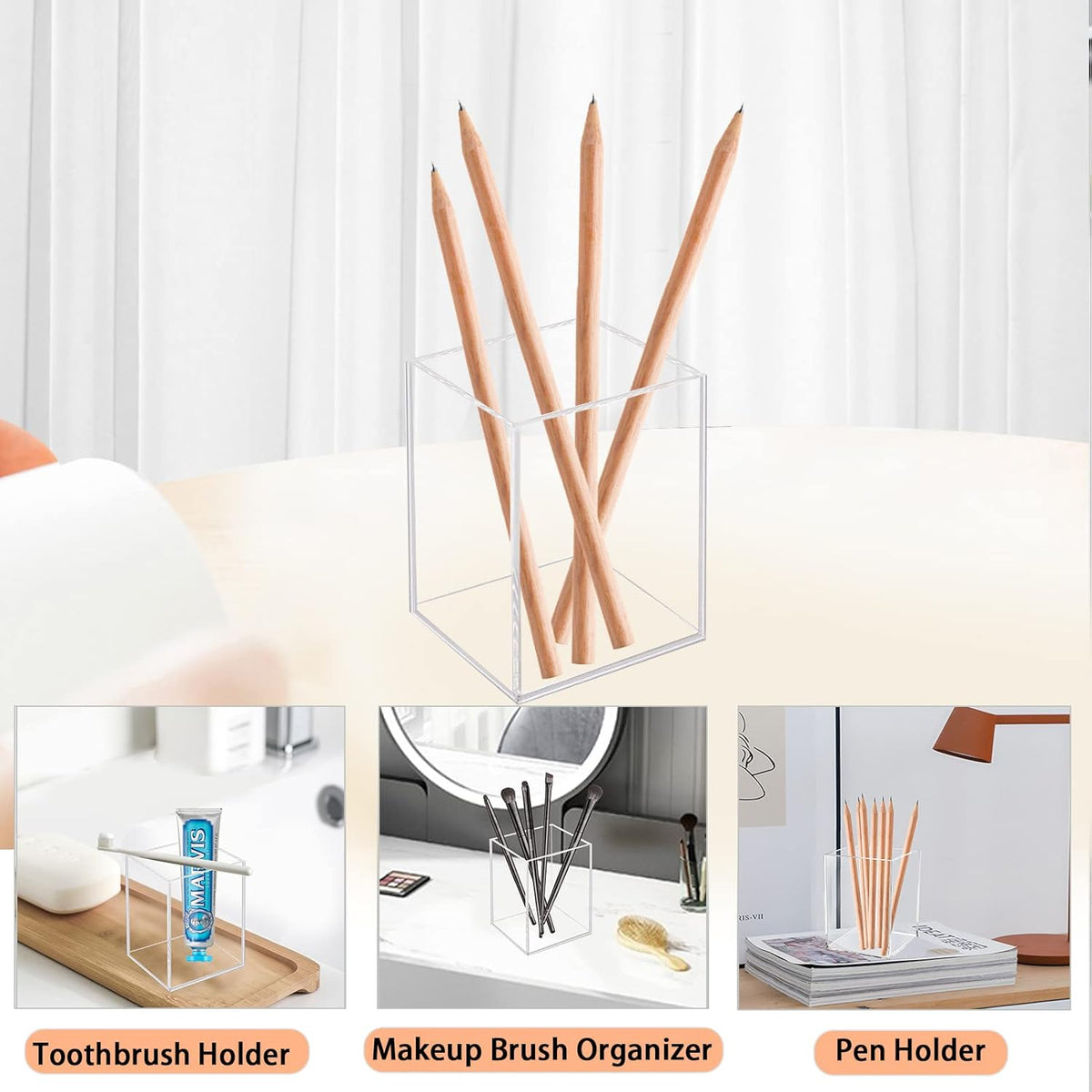 Acrylic Pen Holder Organizer, Black Pencil Holder for Desk, 2 Pack