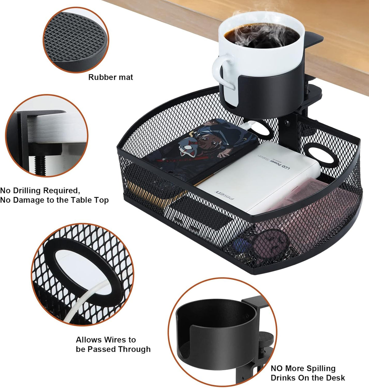Under Desk Organizer,Cup Holder,Table Management Tray, Swivel Pencil Drawer, Office No Drill Steel Organizers,360 Spin Hidden Storage Box with Sturdy C-Clamp,Easy Install (White)