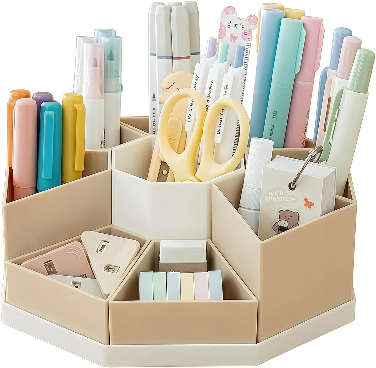 360 Degree Rotating Desk Organizer Caddy with 9 Compartments, Large Capacity Detachable Pencil Holder for Desk, Multifunctional Desktop Storage for Office, School, Home, Dressing Table, White