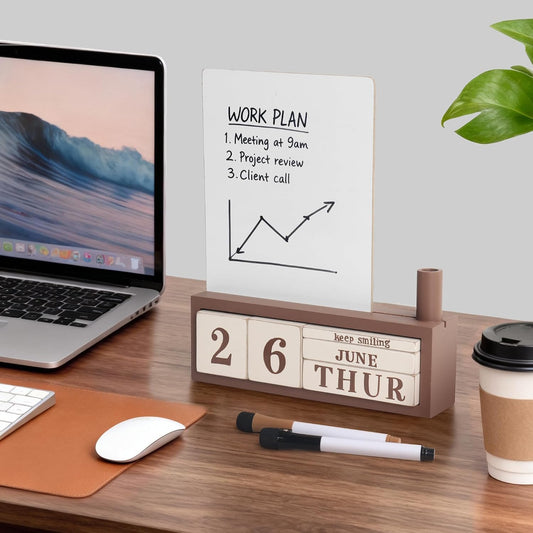Wooden Block Desk Calendar with Dry Erase White Board, Brown