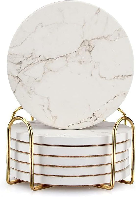 White Marble Coasters Set of 6 Absorbent Ceramic Cute Drink Coaster Holder