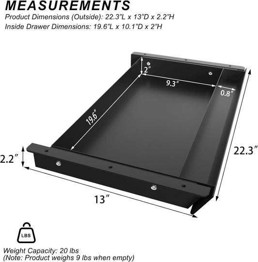 Large Under Desk Mounted Sliding Drawer with Pencil Tray and 60 Degree Tilt Panel to Pull Out, 22'' Long & 13'' deep Large Storage Organizer for Sit Stand Workstation