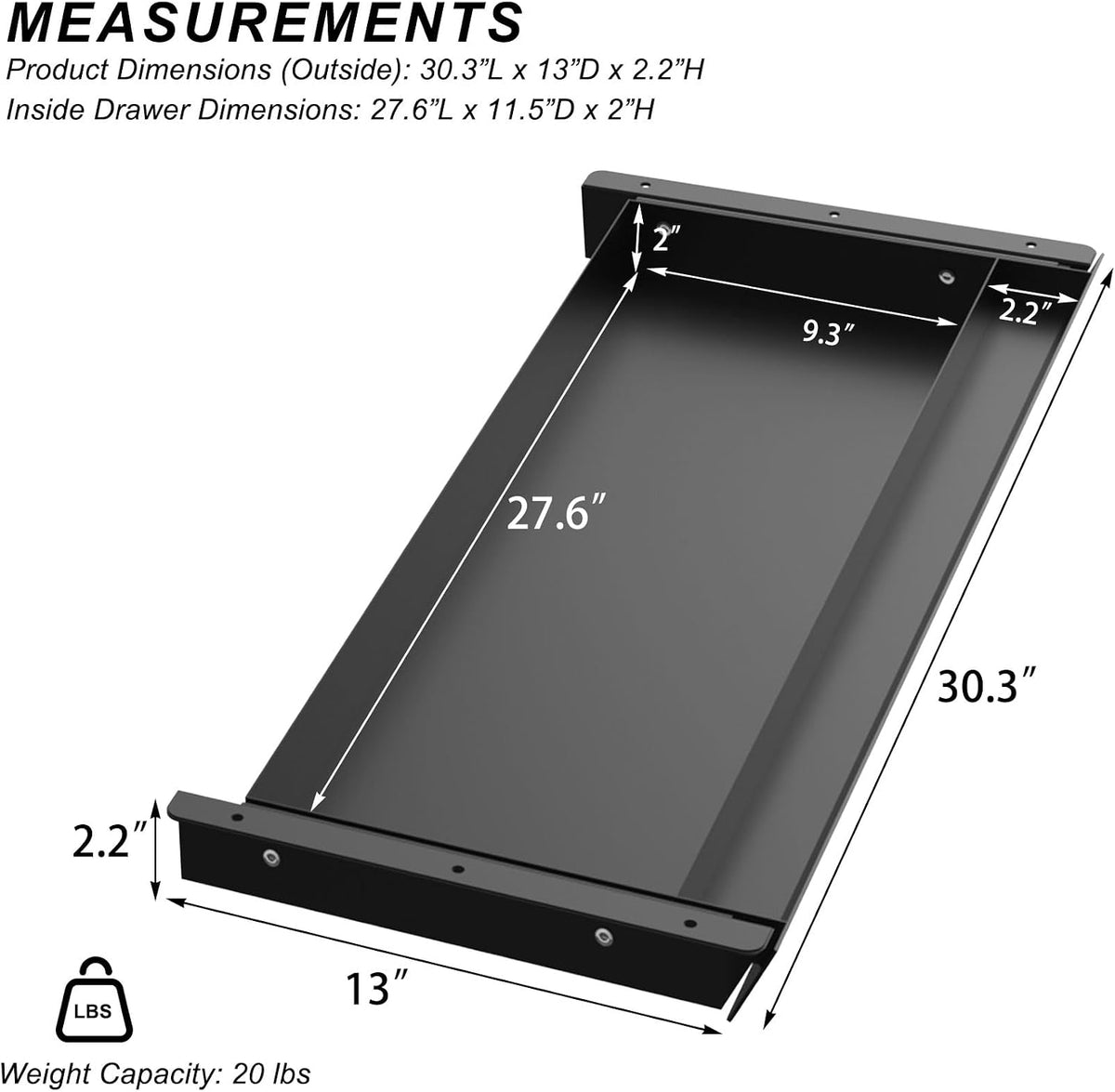 Large Under Desk Mounted Sliding Drawer with Pencil Tray and 60 Degree Tilt Panel to Pull Out, 22'' Long & 13'' deep Large Storage Organizer for Sit Stand Workstation