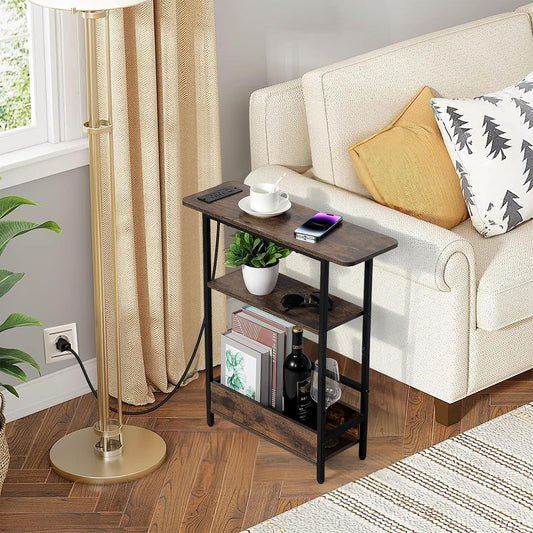 Narrow End Table with USB-C Charging Station, 3-Tier Slim Side Table