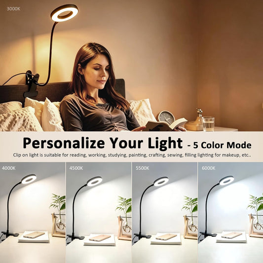Akynite Desk Lamp Clip on Light, 48 LED Clamp Lamp, 5 Color 10 Brightness