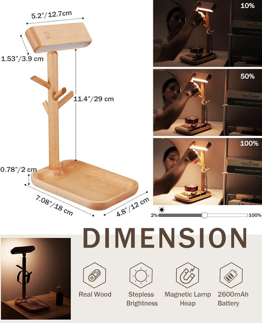 Cordless Table Lamp, Rechargeable Wooden Lamp with Organizer Tray