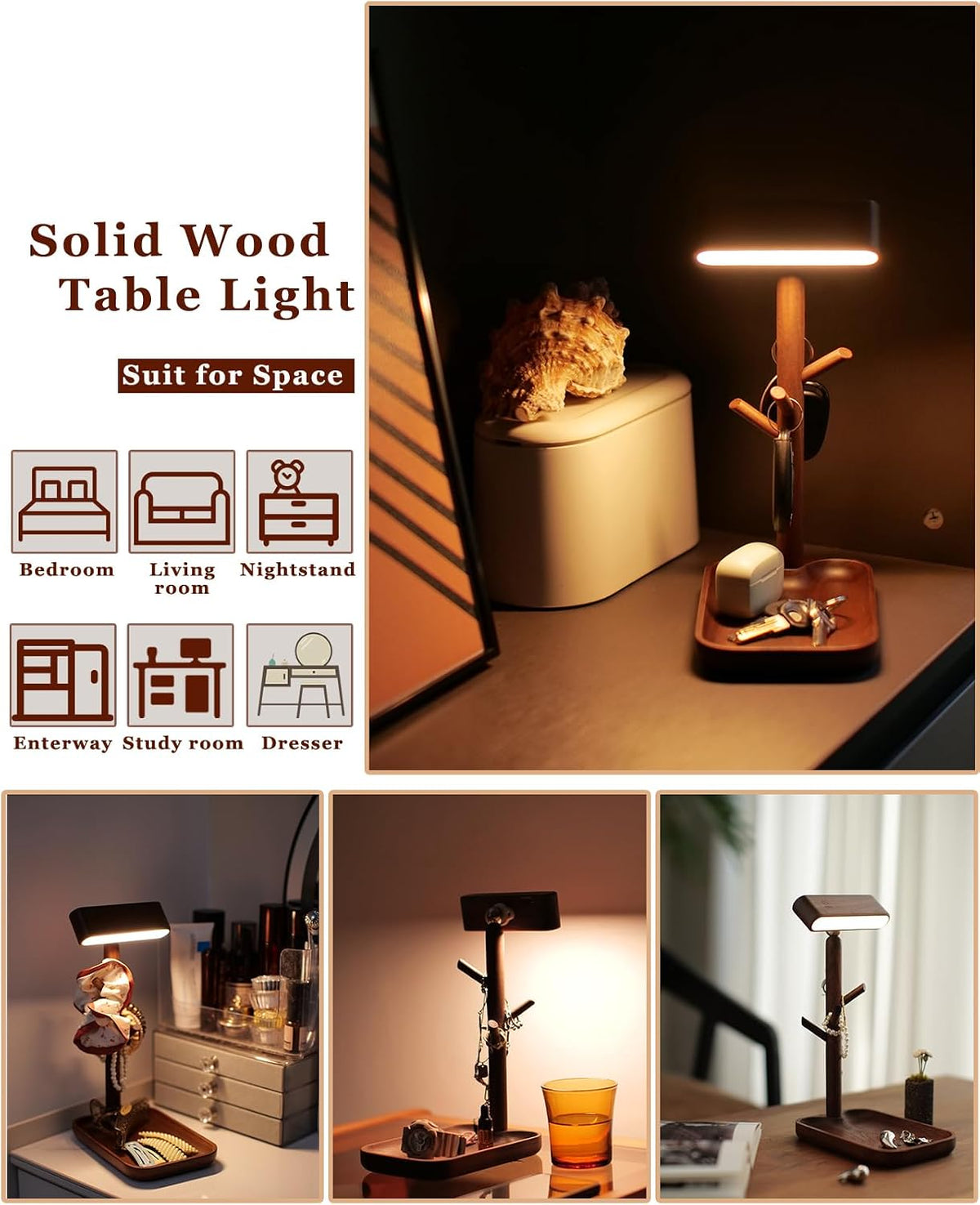 Cordless Table Lamp, Rechargeable Wooden Lamp with Organizer Tray