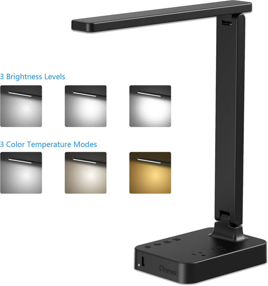 LED Desk Lamp for College Dorm Room, Desk Light with 1 USB Charging Port 2 AC Power Outlet, 3 Lighting Modes, 3 Level Brightness Touch Lamp, Eye-Caring Home Office Foldable Table Lamp